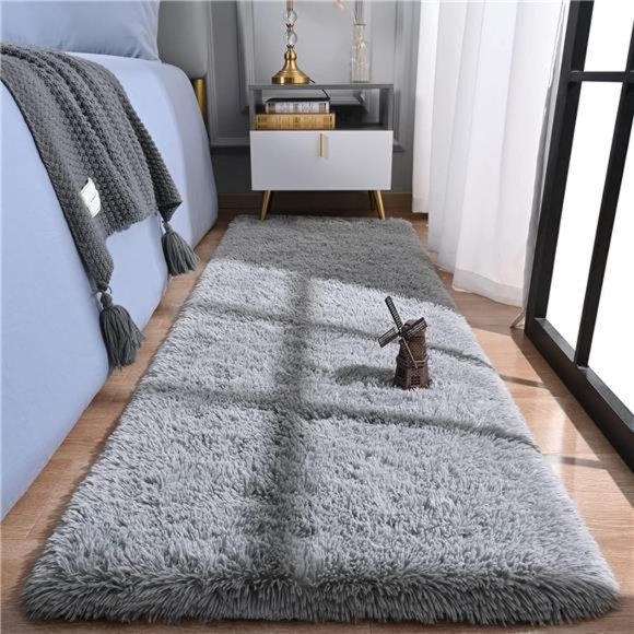Soft Shag Runner Rug for Bedroom,2x6 Feet Fluffy Rugs with Non-Slip Bottom, Grey - Picture 3 of 6